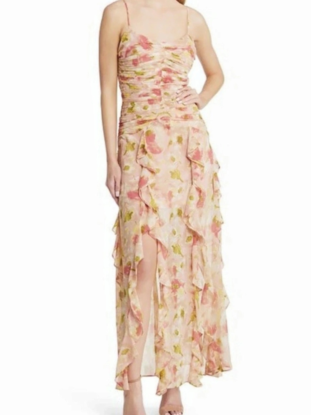 Floret Studios Ruched Bodice Cascading Ruffle Maxi Dress in Peach Floral